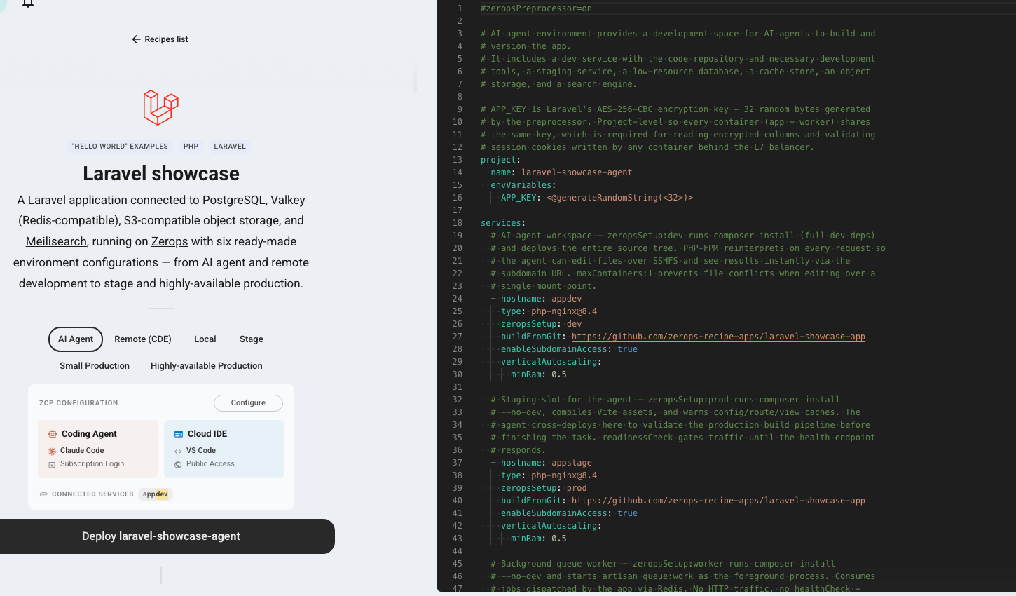 Laravel showcase recipe with the AI Agent environment selected and ZCP configuration enabled