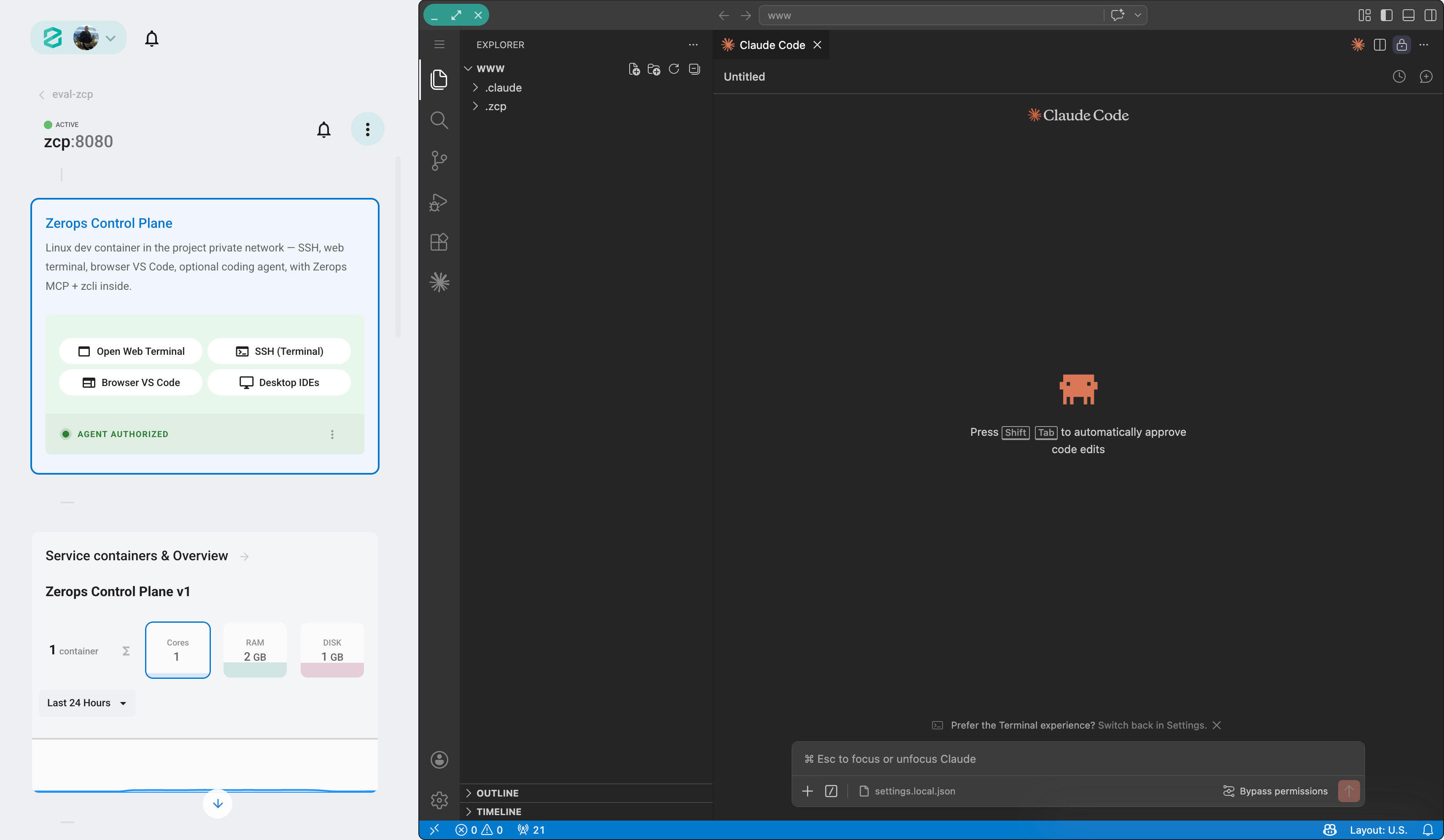Remote setup with the zcp service in Zerops and Claude Code running in browser VS Code